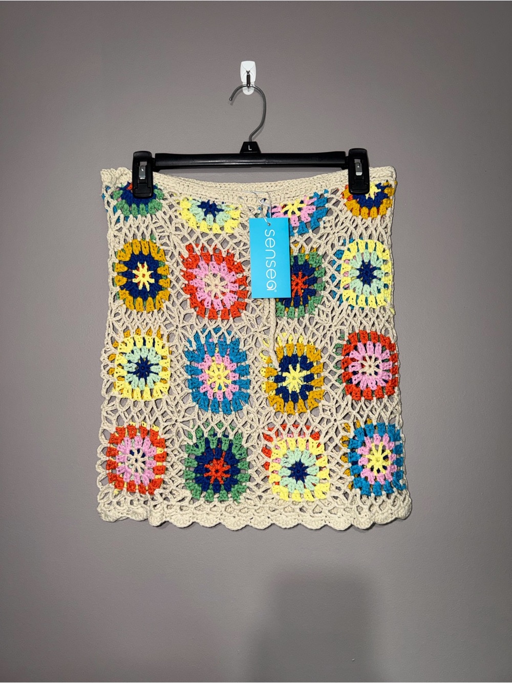 Cream Crochet Patchwork Mini Skirt with Multicolor Squares